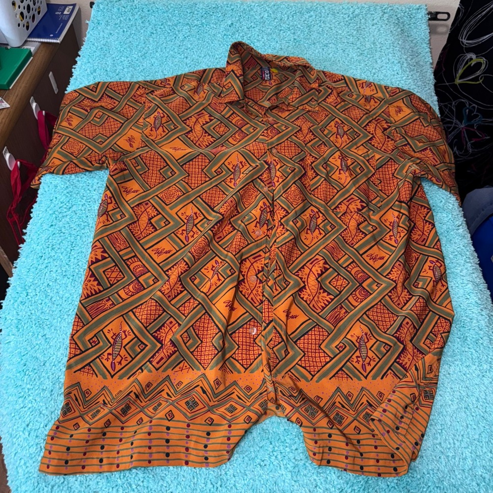 Willie Smith XXXL Button Down‎ Shirt Orange Brown Geometric Pattern